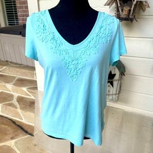Talbots, Teal, Short Sleeve, Lace Design, Top, Size L